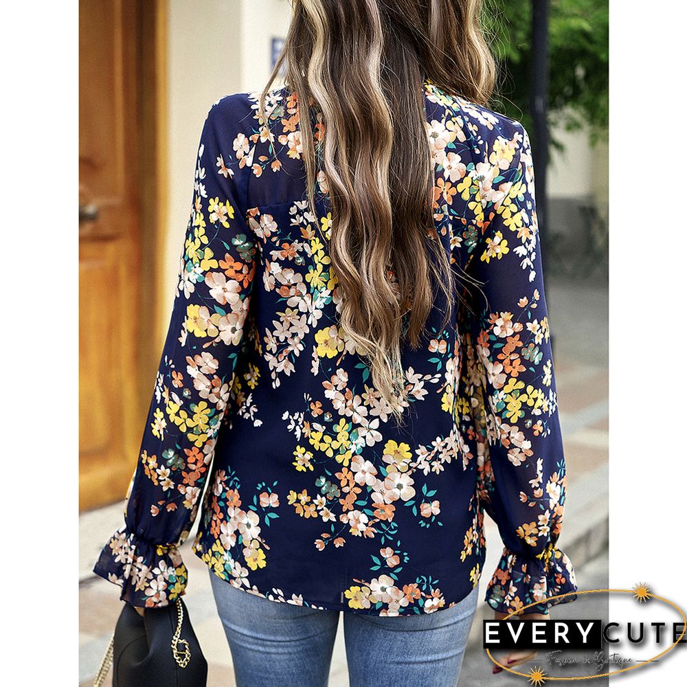 Navy Blue Floral Print Chiffon Long Sleeve Blouse