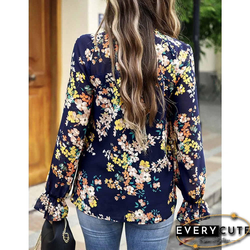 Navy Blue Floral Print Chiffon Long Sleeve Blouse