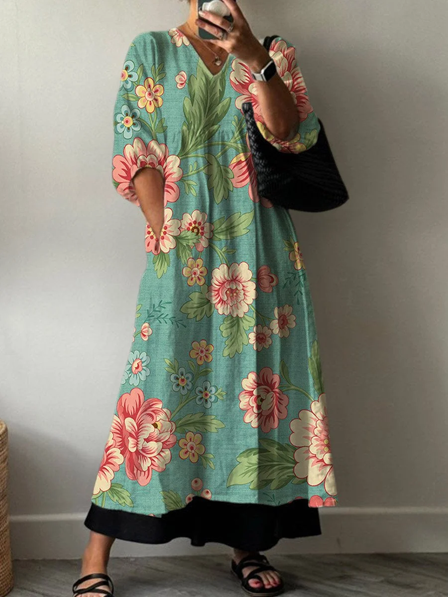 Women's Vintage Lovely Floral Art Print Pocket V-neck Cotton Dress