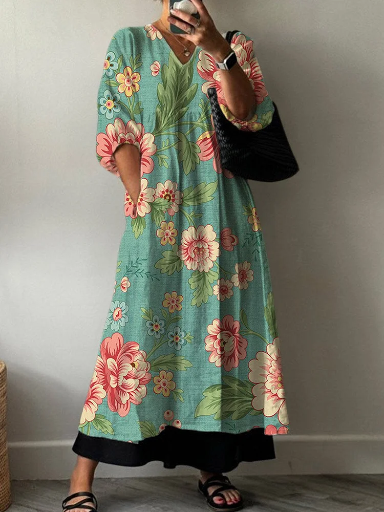 Women's Vintage Lovely Floral Art Print Pocket V-neck Cotton Dress