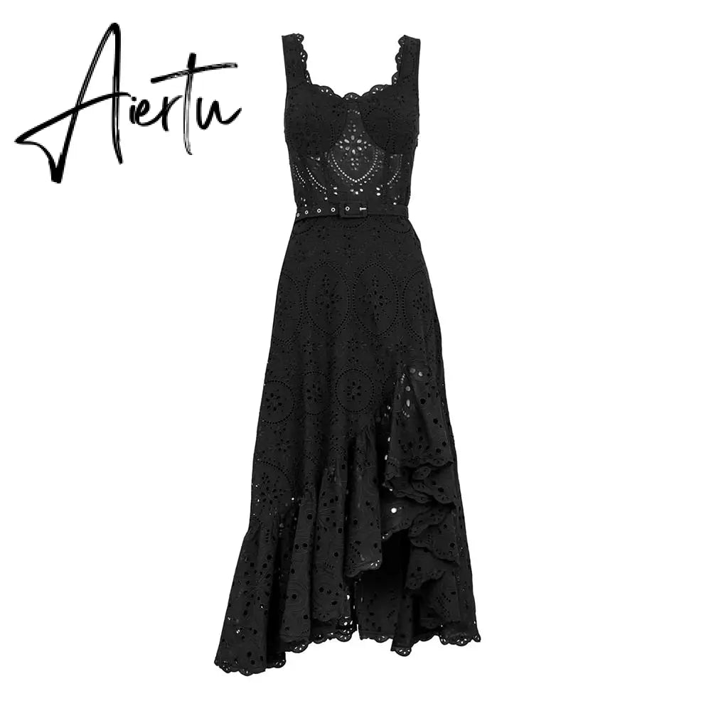 Embroidery Hollow Out Printing Dresses For Women Square Collar Sleeveless High Waist Irregular Hem A Line Midi Dress Female Aiertu