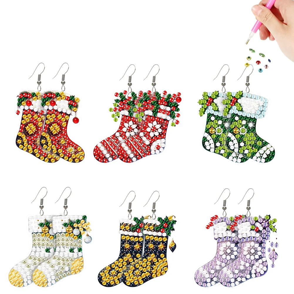 6 Pairs Christmas Socks Double Sided Diamond Painting Earrings Jewelry