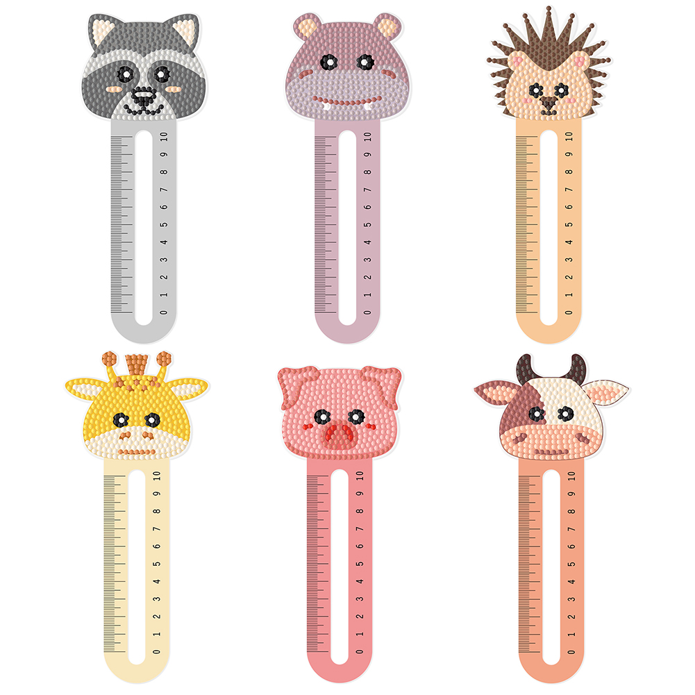 6Pcs PET Cartoon Animals 5D DIY Diamond Art Ruler Book Mark for Reading Day Gift