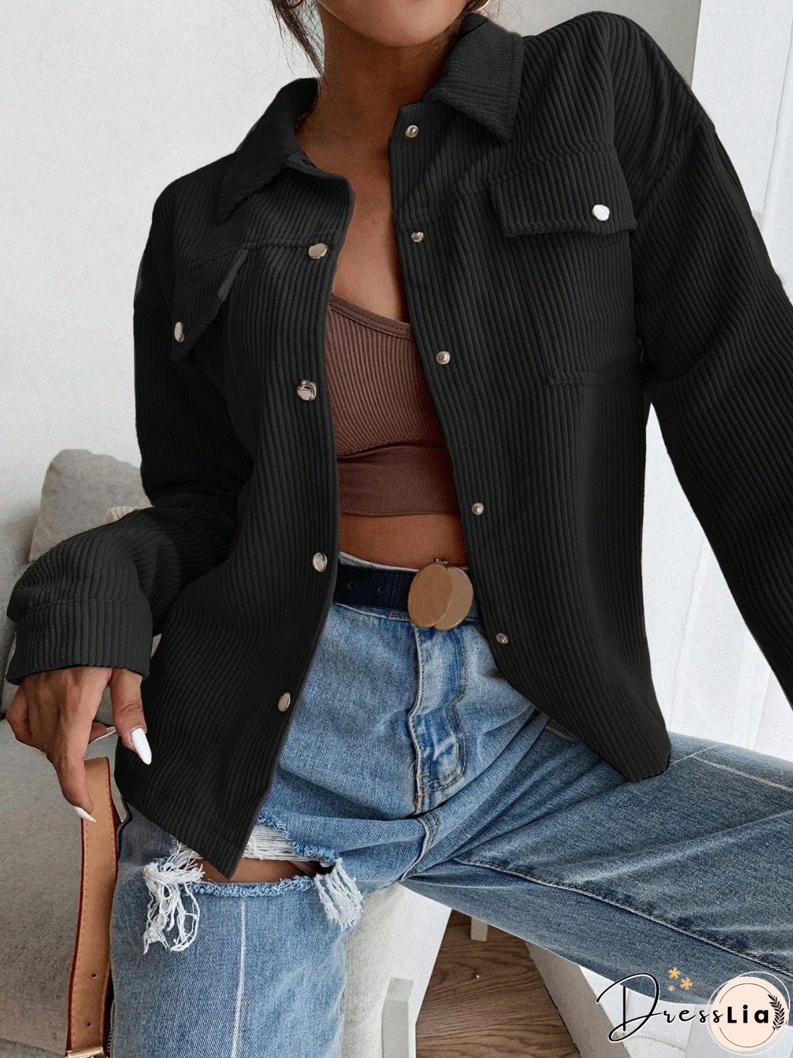 Honey Pocketed Collared Neck Snap Down Jacket