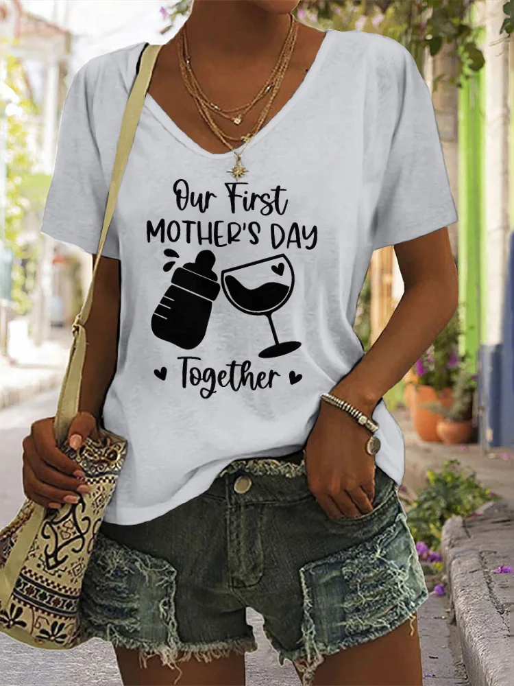 Mother's Day Printed V-Neck Short Sleeved Casual T-Shirt