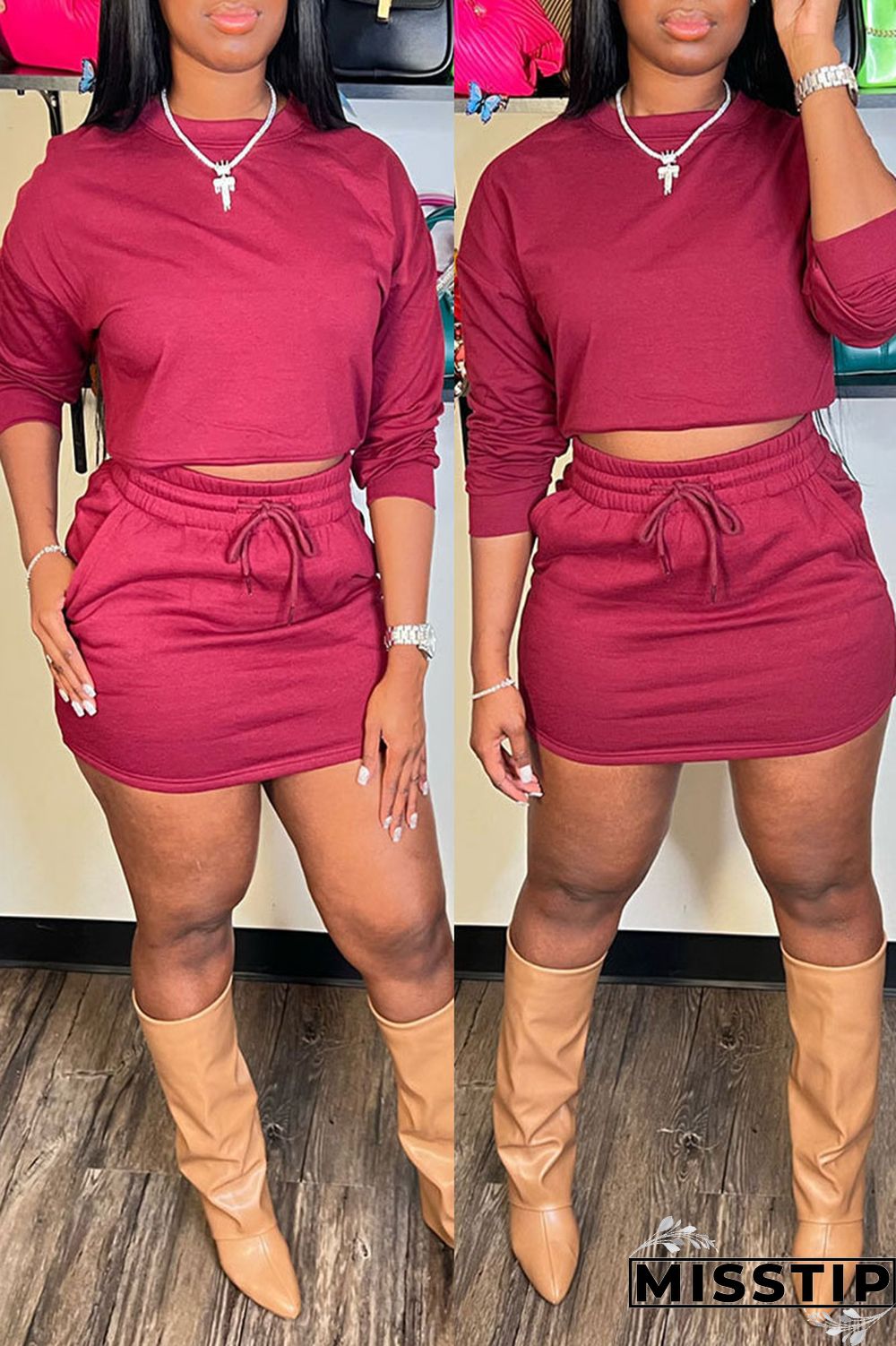 Army Green Casual Solid Patchwork O Neck Long Sleeve Two Pieces