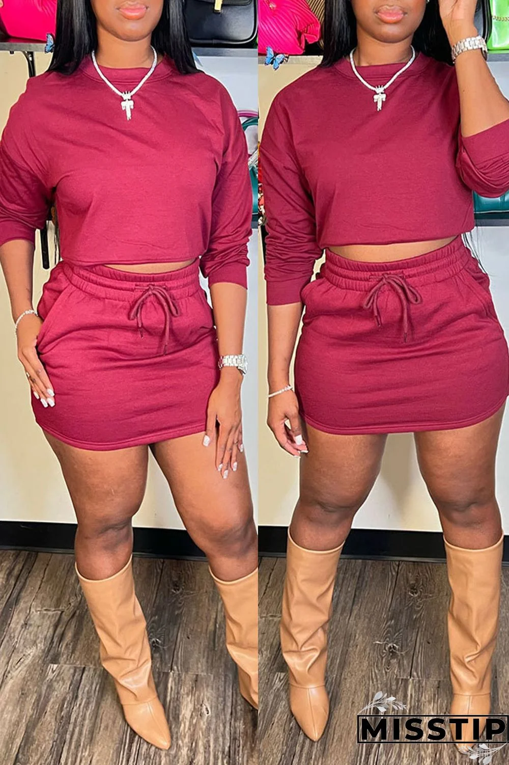 Army Green Casual Solid Patchwork O Neck Long Sleeve Two Pieces