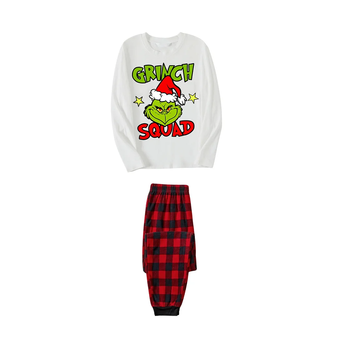 Cute Cartoon and Funny Christmas Slogan Print Contrast White Long Sleeve with Classic Red and Black Plaid Pants Family Matching Pajamas