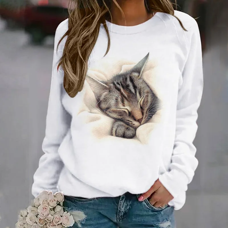 Cat Print Crew Neck Long Sleeve Sweatshirt