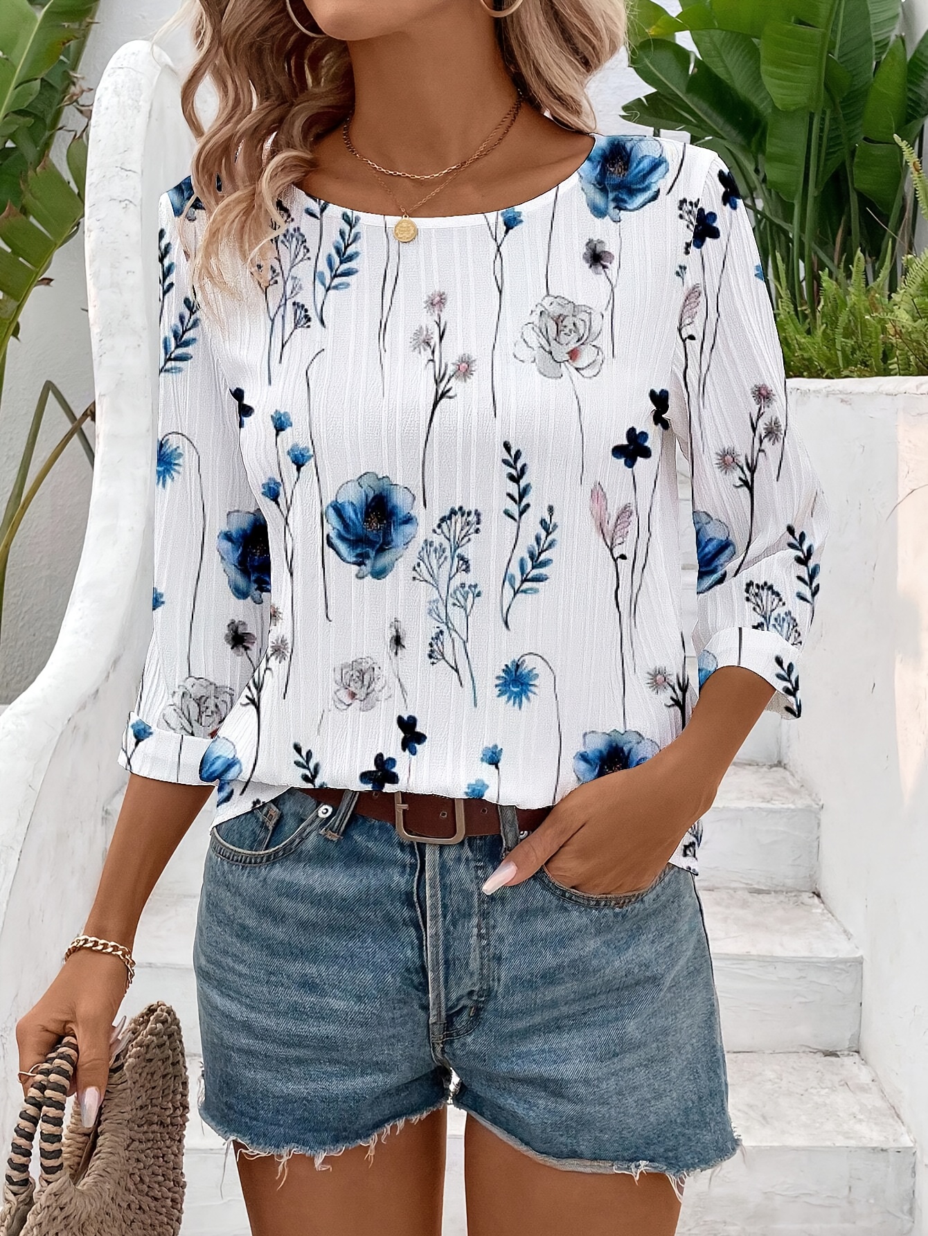 Elegant Floral Print Women's Blouse | Blue & Yellow 3/4 Sleeve Round Neck Shirt, Machine Washable Spring Summer Top For Casual & Formal Outfits, Casual Attire, Round Neckline, Nontransparent Fabric, Relaxed Fit Shirt | IFYHOME
