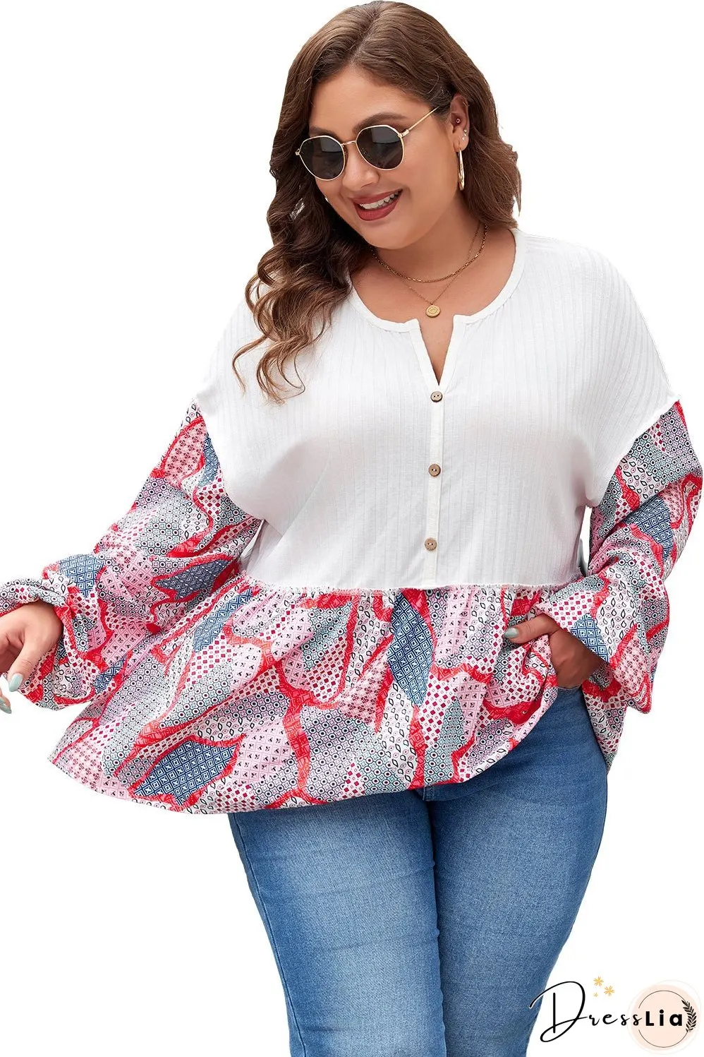 Apricot Plus Size Printed Patchwork Textured Buttoned Blouse