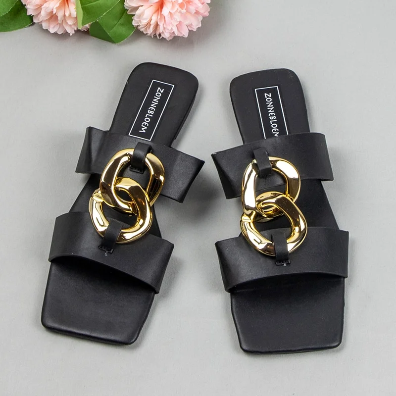 Qengg Woman Summer 2022 Fashion Luxury Design Flat Casual Slides Outside Beach Shoes Sqaure Toe Metal Button Women Slippers