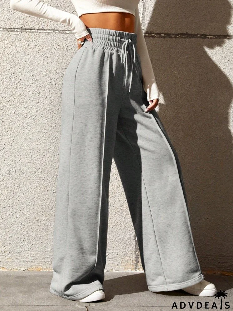 Drawstring Waist Seam Detail Wide Leg Pants