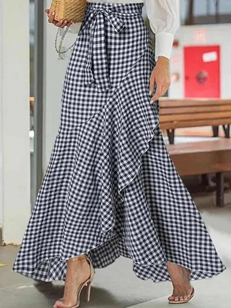 Casual Plaid Ruffle Asymmetric High Waist Bowknot Maxi Skirt