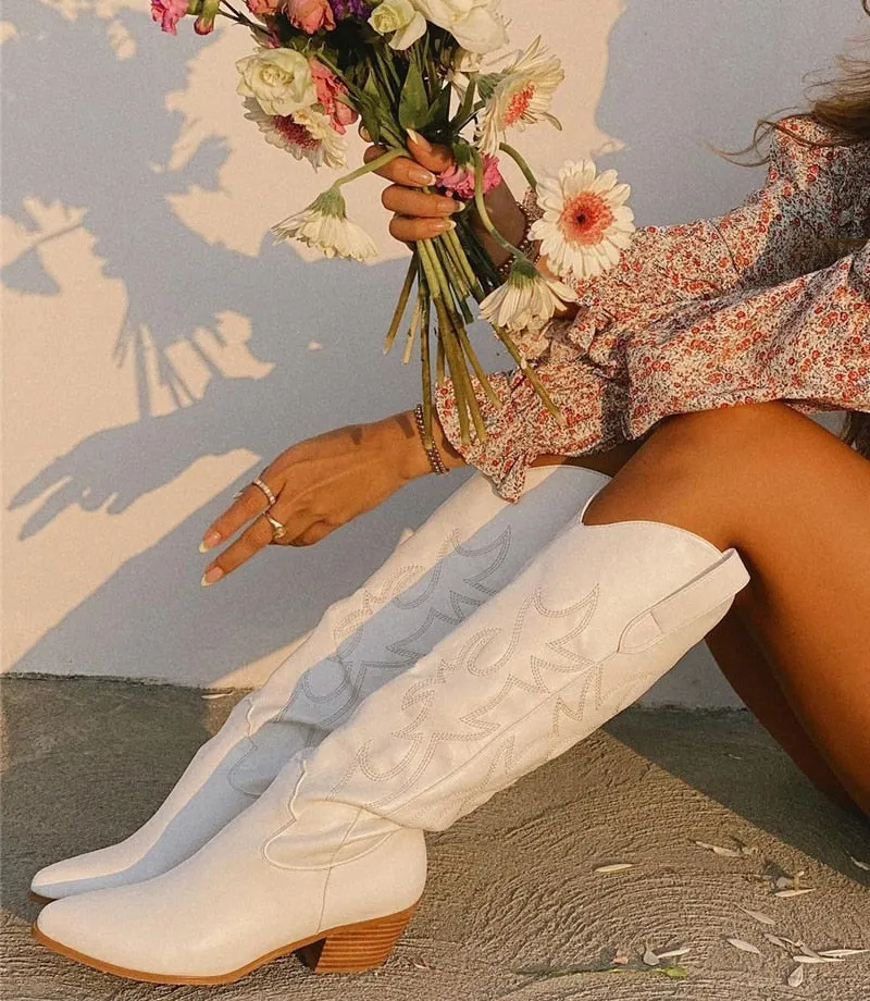 Onlymaker Women White Knee High Boots Western Cowboy Boots Wide Calf Embroidered Pointed Toe Block Heel Pull-On Cowgirl Booties
