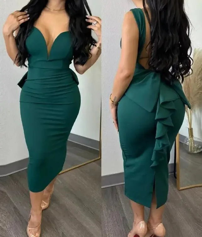 Wongn Wongn Temperament Elegant Solid Color Wrap Hip Dew Back Deep V High Waist Bow Stretch Slit Dress