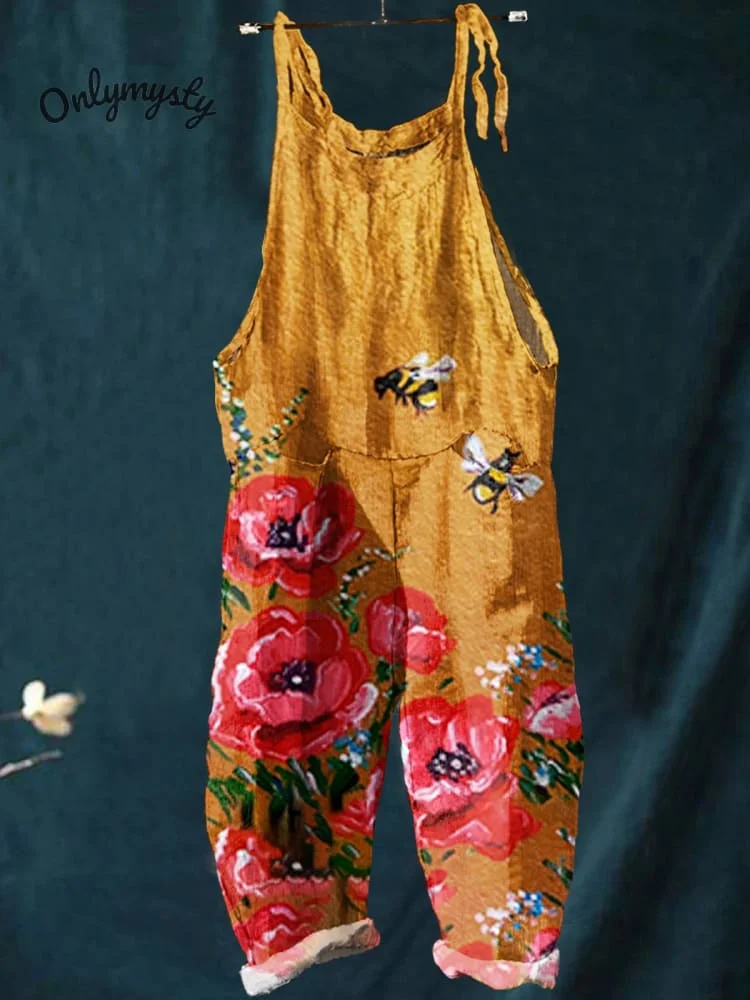 Women's   Bee   Art  Print Casual 100% Cotton Wide Leg Jumpsuit