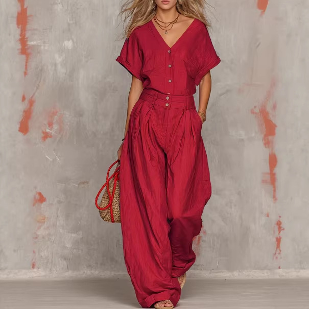 Elegant V-Neck Button-Up Jumpsuit Set with Wide-Leg Pants