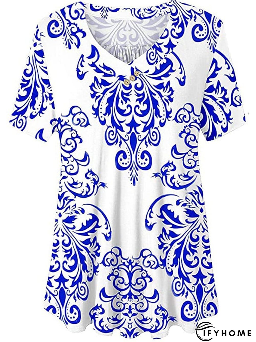 Women's Shirt Blouse Denim Blue Black White Leopard Floral Print Short Sleeve Casual Holiday Basic V Neck Regular Floral Plus Size M | IFYHOME