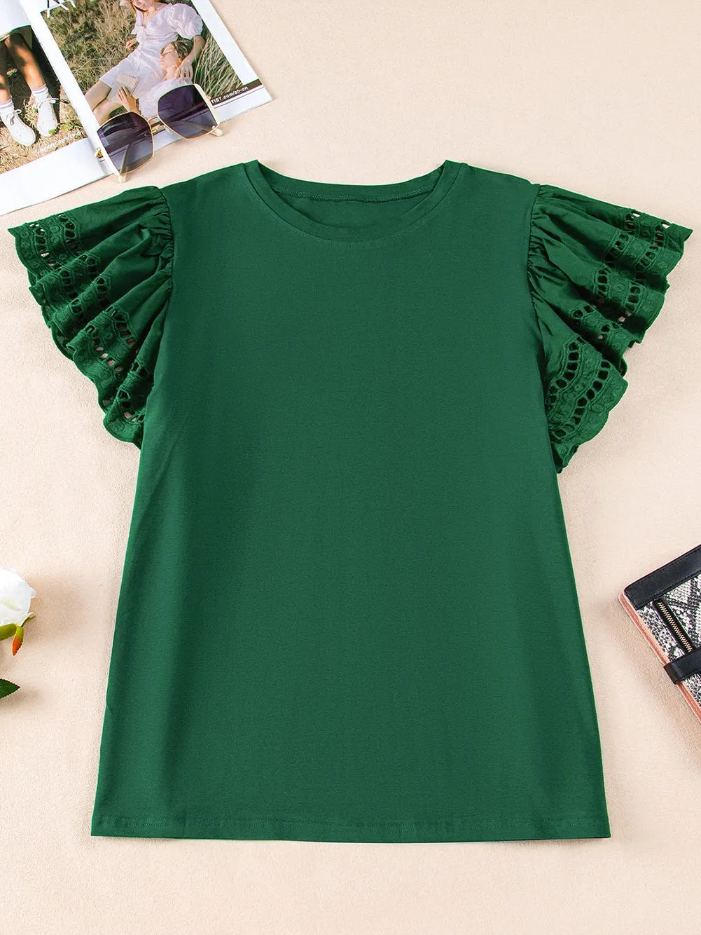 Green Eyelet Flutter Sleeve Plus Size Top