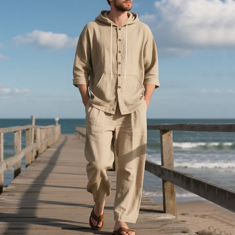 M&auml;nner lockere Kapuze Lang&auml;rmel Top & Wide-Leg Hose 2-teiliges Set