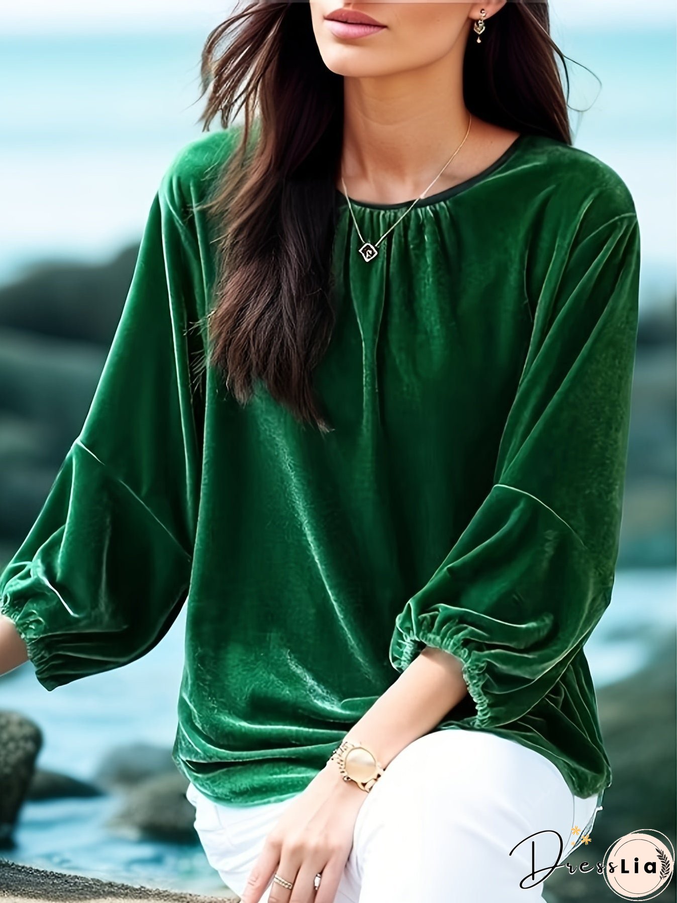 Lantern Sleeve Solid Blouse, Casual Crew Neck Versatile Blouse, Women's Clothing