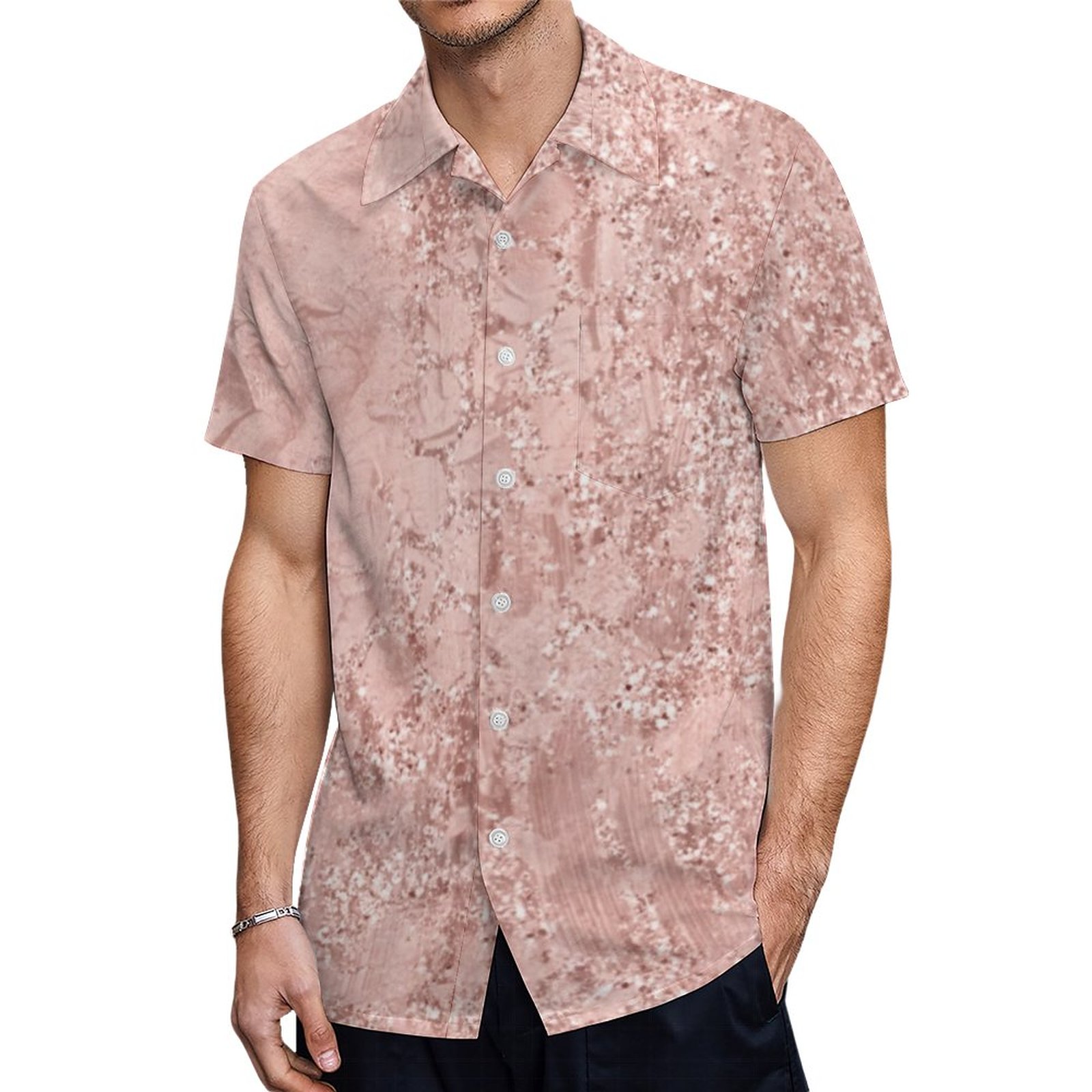 Pink Rose Gold Blush Glitter Shiny Glass Metallic Hawaiian Shirt Mens Button Down Tropical Hawaii Beach Shirts