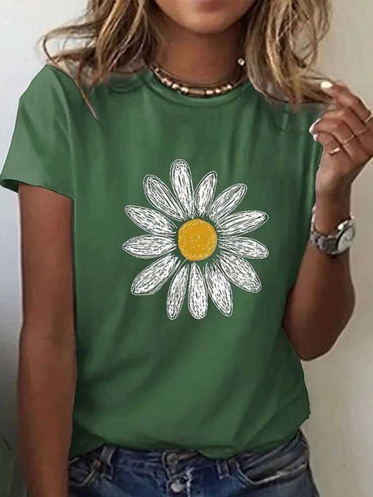 Green Floral Print Round Neck Top