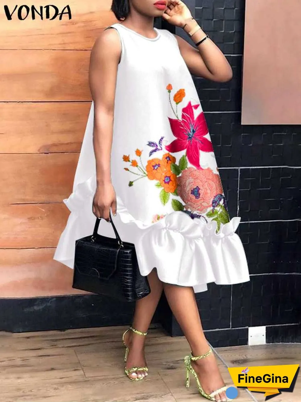 Women Elegant Midi Dress Summer Party Long Dresses VONDA Sexy Sleeveless Fashion Beach Floral Print Ruffled Tank Vestidos