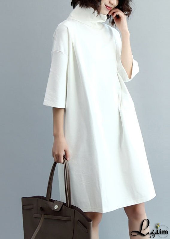 Beautiful White Turtle Neck Cotton Maxi Dresses Half Sleeve
