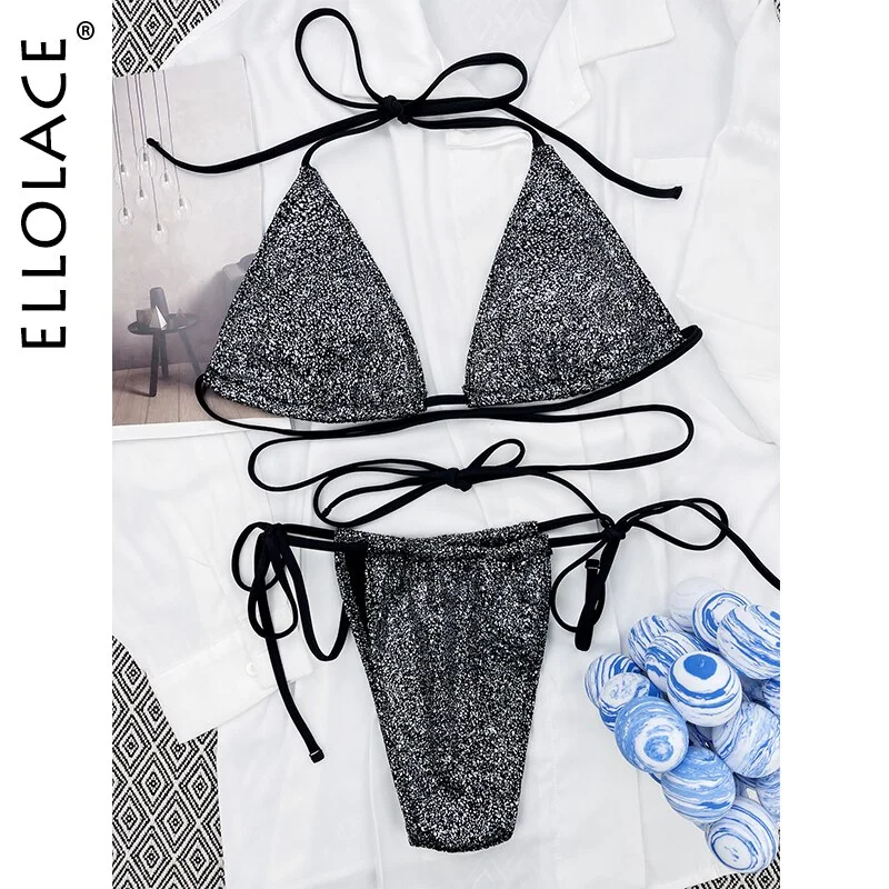 Billionm Micro Bikini Swimsuit Glitter Wrap Around Set Woman 2 Pieces Bathing Suits G String Swimwear 2022 Stylish Beach Outfits