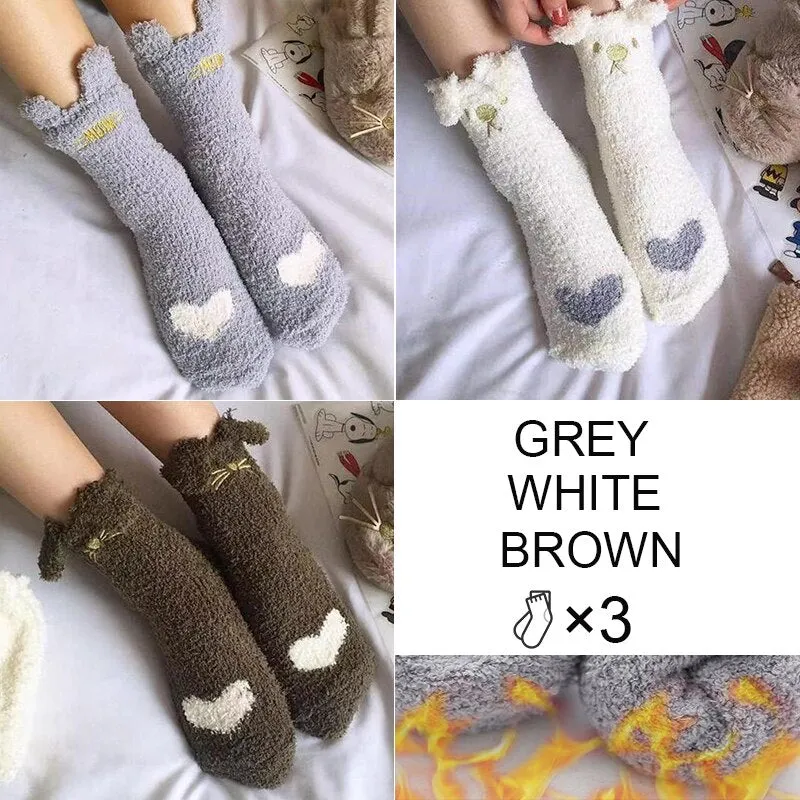 FINETOO 3Pair/Set Women Autumn and Winter Socks Plush  Thick Warm Socks Coral Velvet Animal Sleeping Non-slip Home Floor Socks