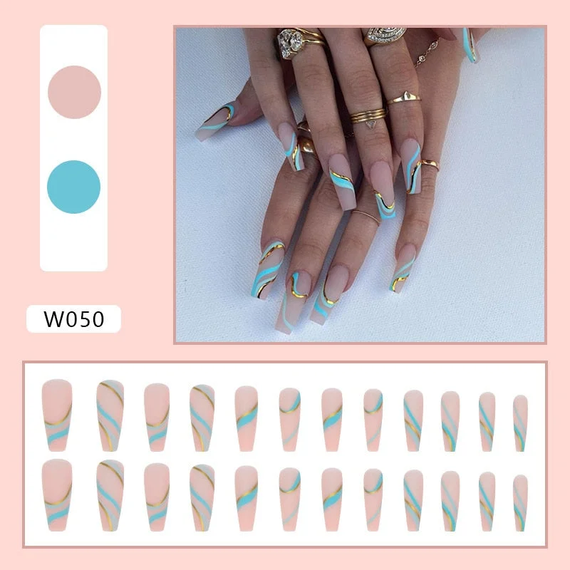 Swirl Gold Thread Long Coffin Nails Press on False Nails Matte Pink W050