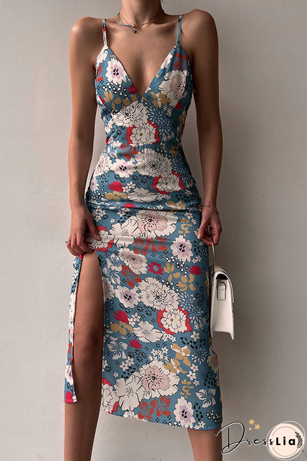 Floral Lace Back Slip Slit Slim Dress