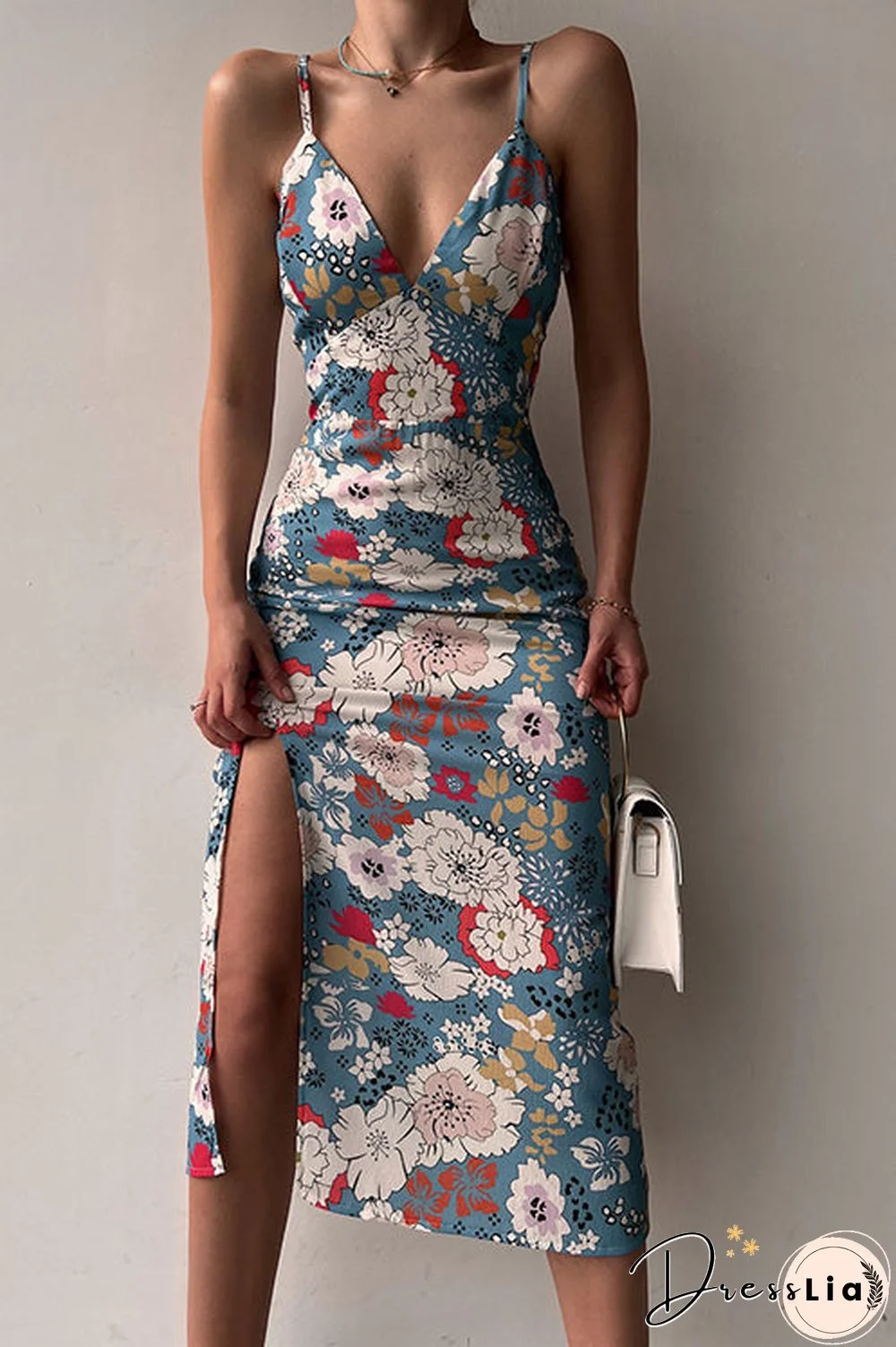 Floral Lace Back Slip Slit Slim Dress