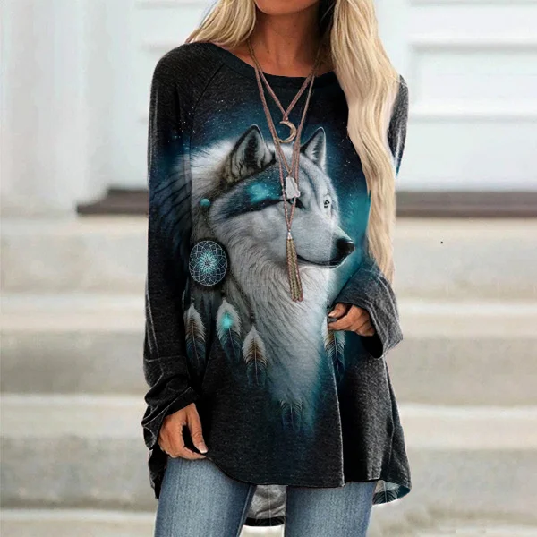 Western Wolf Print Casual Long Sleeve Tunic