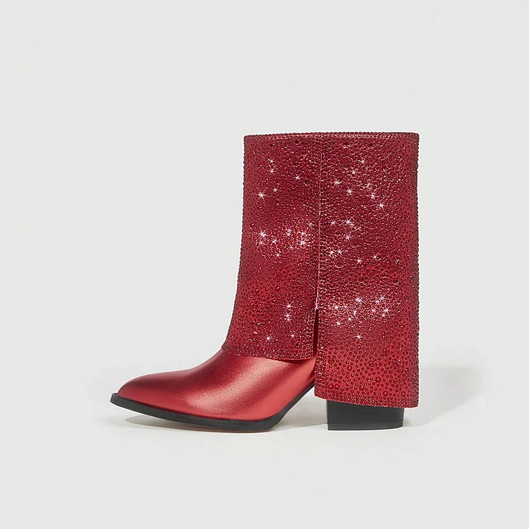 Red Pointed Toe Rhinestone Fold-Over Ankle Boots with Block Heels |FSJ Shoes