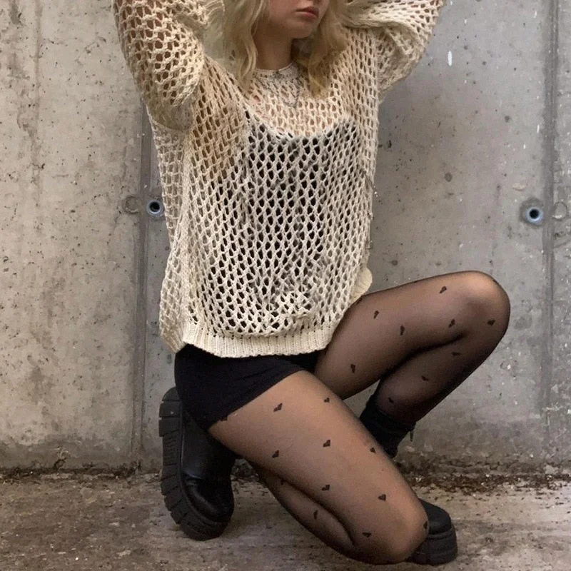 Y2K Harajuku Hollow Out Knit Sweater Mesh Crewneck Autumn Vintage Fairycore Grunge Top Fashion Retro Fishnet Smock Pullovers