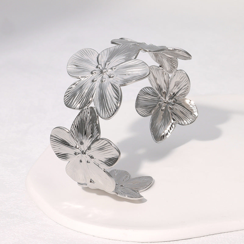 Retro Wide Bracelet Flower Simple Ins French Niche Stainless Steel Bracelet