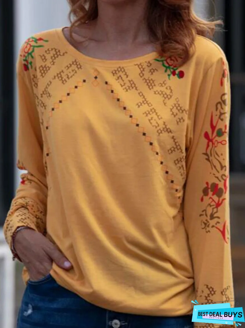 Ethnic Pinted Long Sleeve Round Neck Women Top