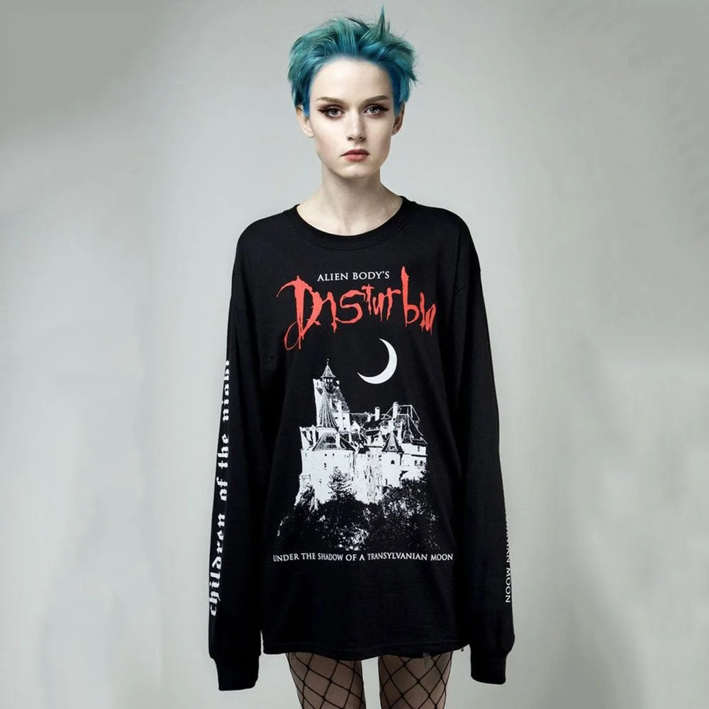 Rosetic Women Autumn New Halloween T-shirt Long Sleeve Casual Tops Y2K Gothic Tshirts 2023 Punk Pentagram Letter Printed Tshirt
