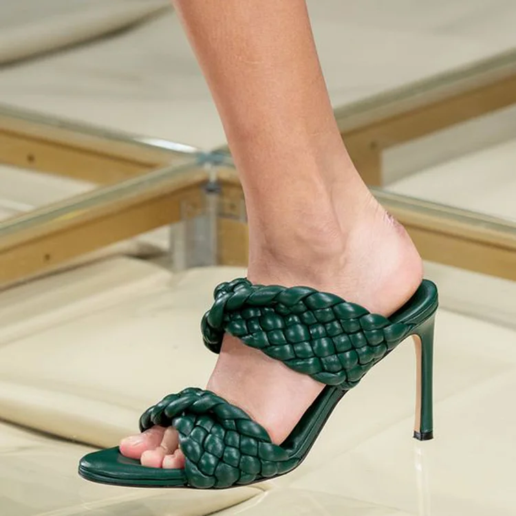 Green Braided Stiletto Sandals - Square Toe Mules Vdcoo