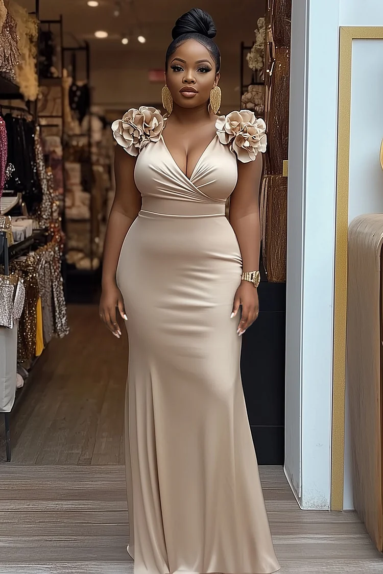 Overlap V Neck Rosette Decor Cinched Party Maxi Dresses-Champagne [Pre Order]