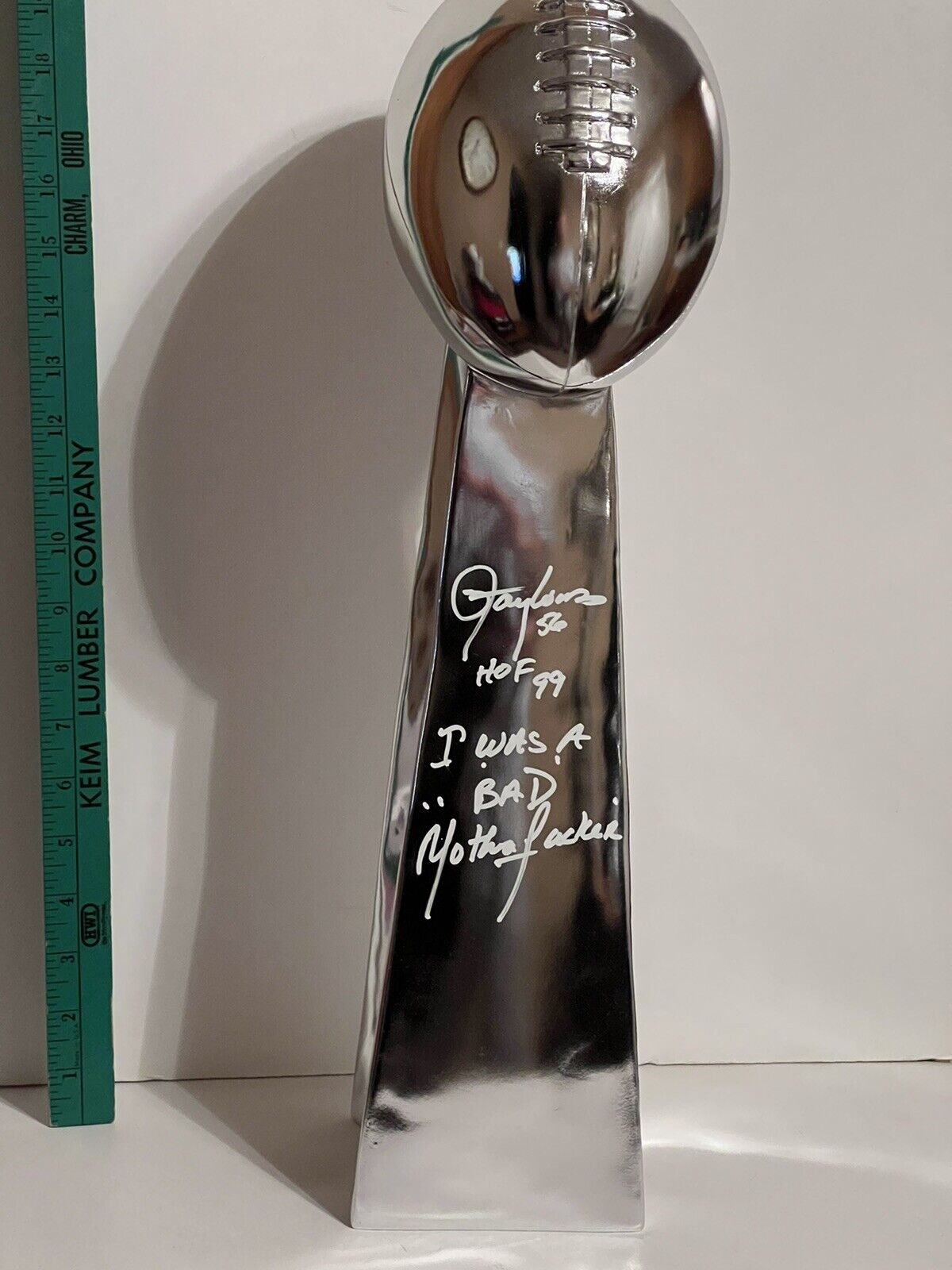 Lawrence Taylor BAD MF signed autographed Replica Super Bowl Trophy JSA WItness