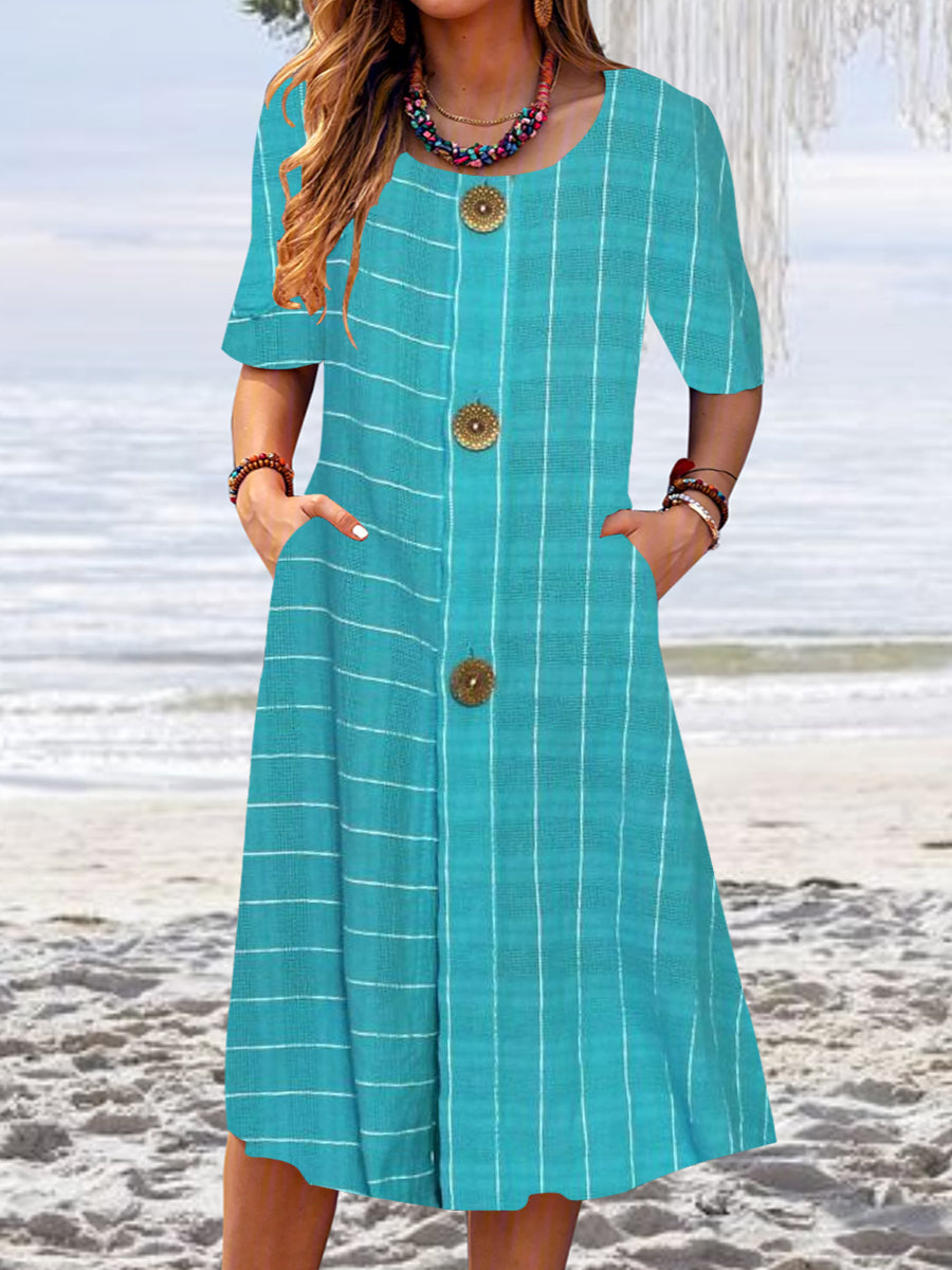 Women Half Sleeve V-neck Solid Color Dress