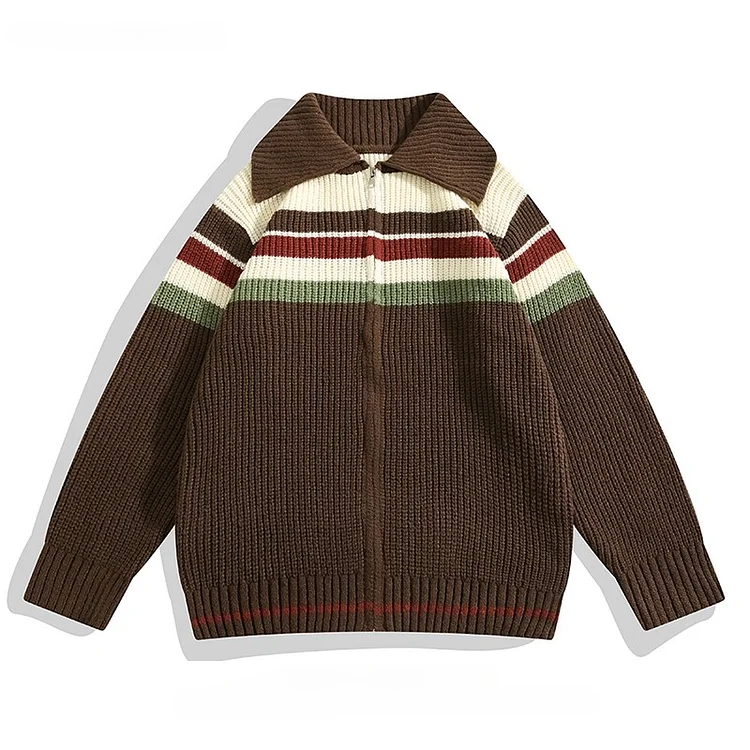 Traceeye Autumn Winter Color-blocked Spliced Lapel Zipper Sweater Cardigan Men Women Trendy Retro Casual Loose Versatile Knitted Jacket