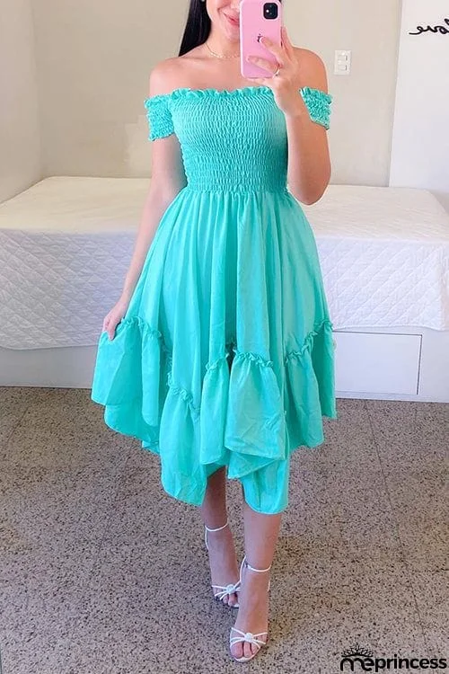 Shirred Bodice Off Shoulder Flap Asymmetric Dress