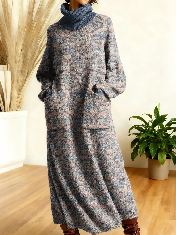 Women's Retro Geometric Patchwork High-neck Long-sleeve Casual Loose Knit Dress