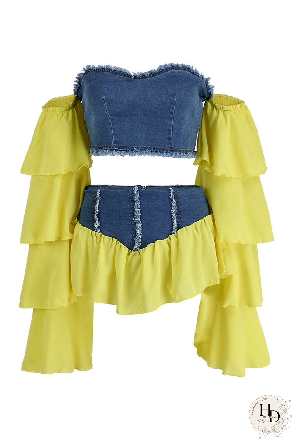 Yellow Fashion Sexy Patchwork Backless Off the Shoulder Long Sleeve Two Pieces