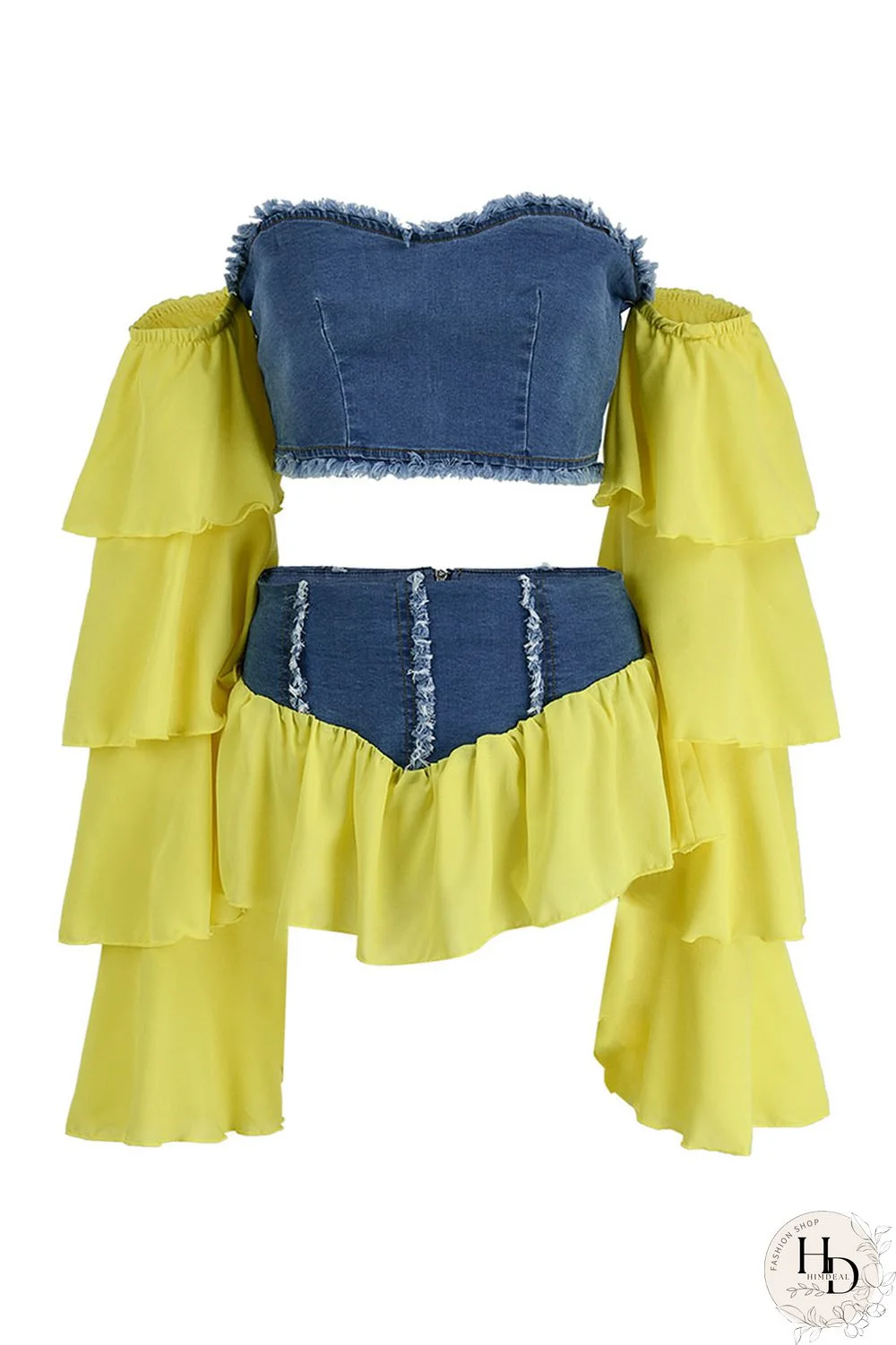 Yellow Fashion Sexy Patchwork Backless Off the Shoulder Long Sleeve Two Pieces